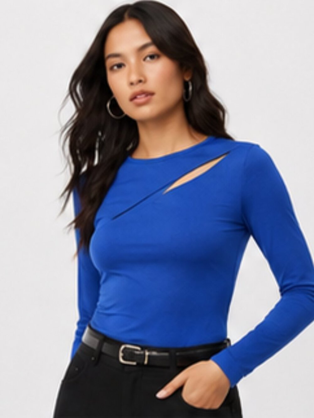 Express Body Contour Blue Cutout Long Sleeve Top Size Medium M